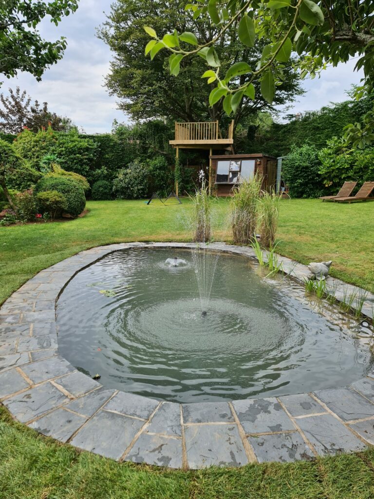 Crazy Paving Pond completed garden view