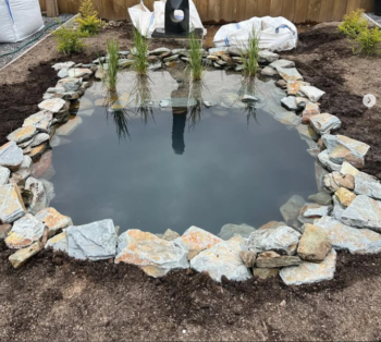 a small pond with plants in the middle of it surrounded by slate built by sasaquatics