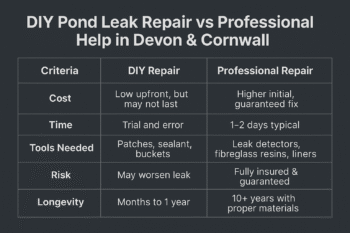 DIY vs professional pond leak repair comparison table for Devon and Cornwall pond owners by SAS Aquatics