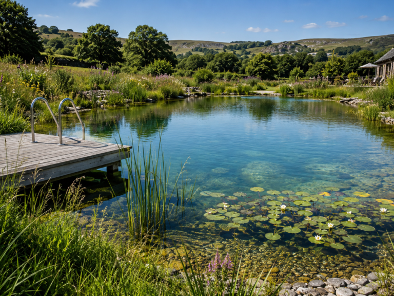 Fully natural swimming pond designed for wildlife and chemical free swimming in Devon