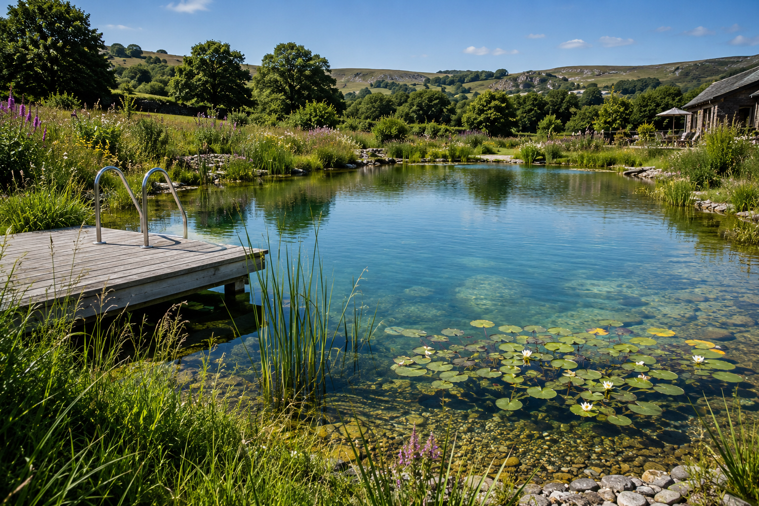 Fully natural swimming pond with generous planted regeneration in Devon or Cornwall