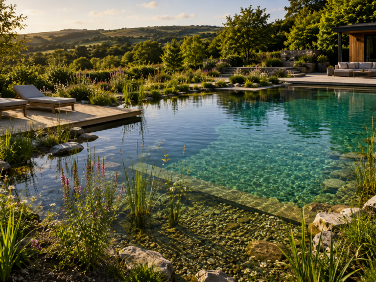 Hybrid natural swimming pond with advanced filtration and natural planting in Devon