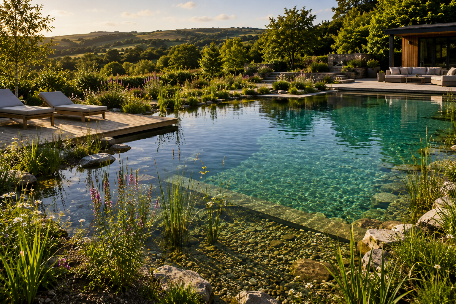 Hybrid natural swimming pond with planted edges in Devon or Cornwall