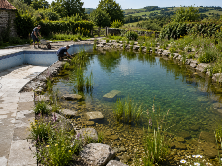 Swimming pool converted into a natural swimming pond in Devon