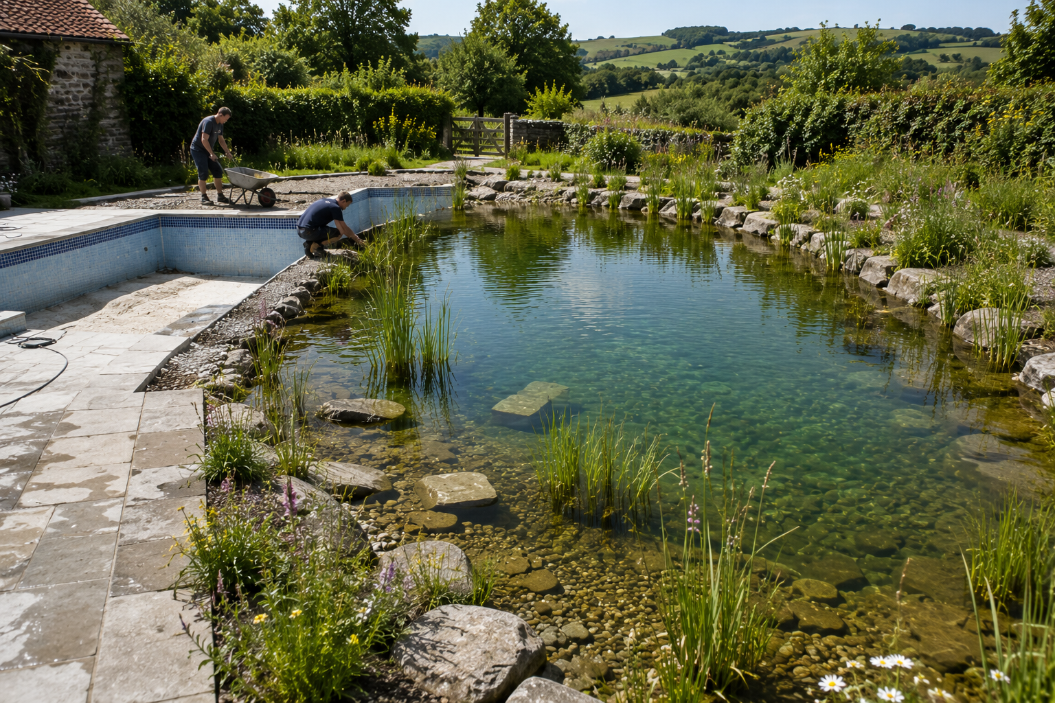 Existing swimming pool considered for conversion into a natural swimming pond