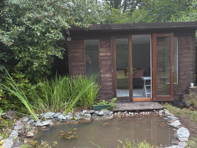 Restored wildlife pond with natural stone edging and wildlife planting in Bovey Tracey.