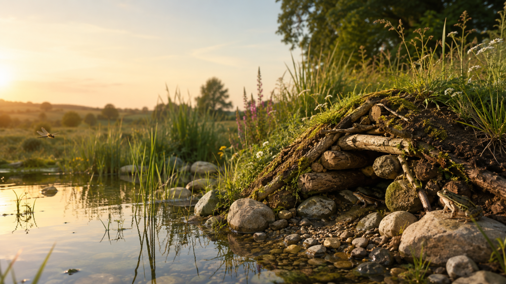 Natural hibernaculum beside a wildlife pond made from logs, stone and soil for frogs, newts and other wildlife.