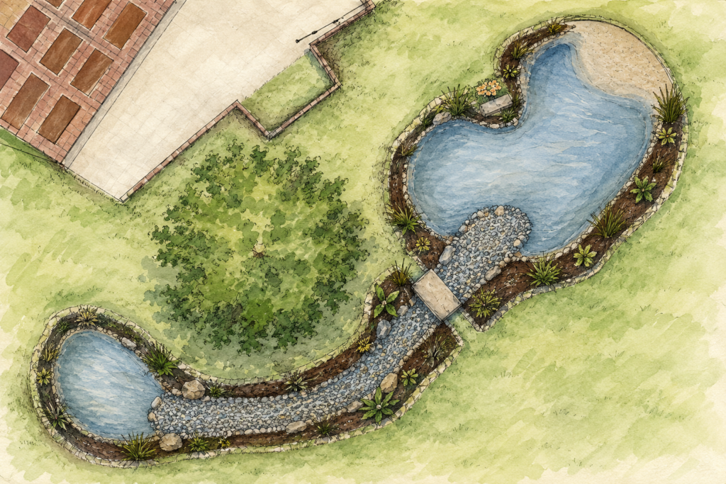 Natural wildlife pond sketch designed with open water, shallows and planted edges