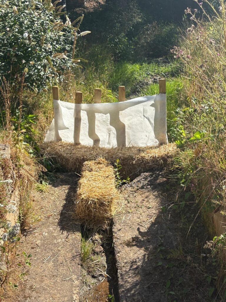 Temporary straw and fabric measures in a narrow watercourse