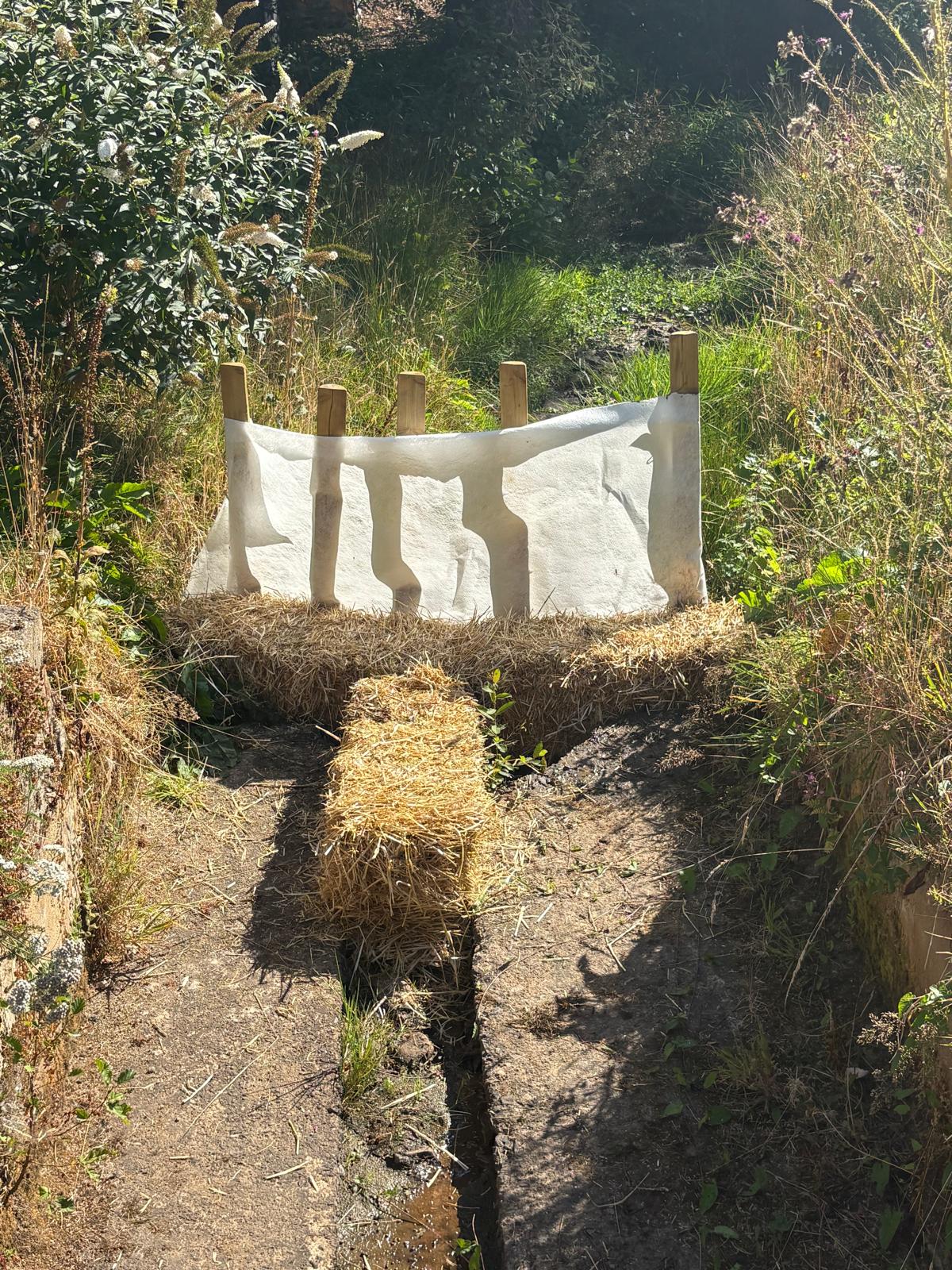 Straw bale and filter fabric runoff control protecting a watercourse during pond works
