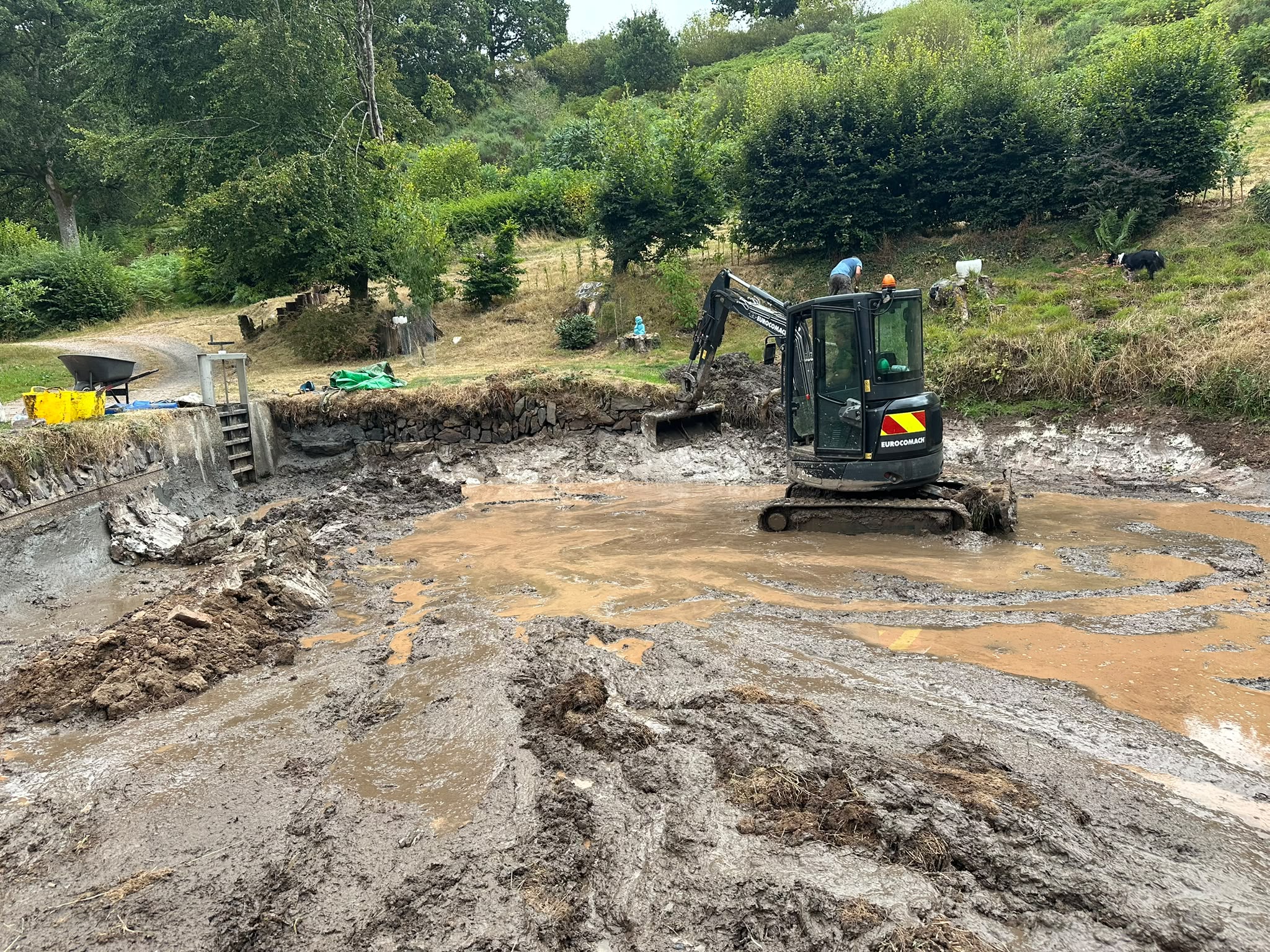 Excavator removing accumulated silt from a historic pond in North Devon